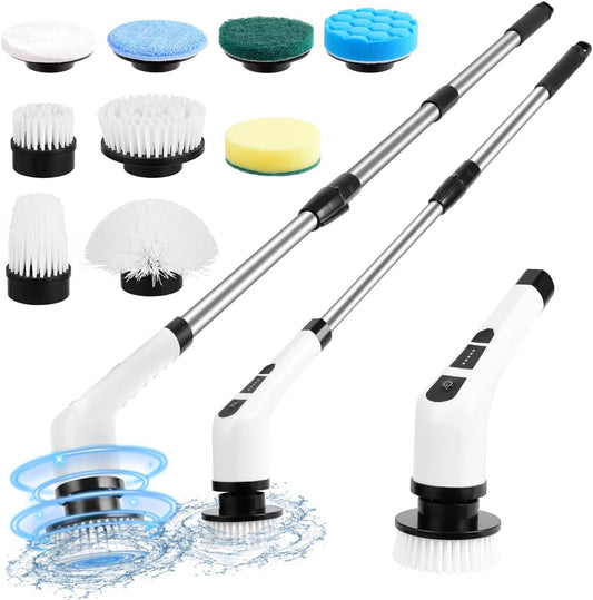 Electric Spin Scrubber,Cordless Spin Scrubber for Cleaning with 8 Replaceable Brush Heads,Shower Scrubber with Adjustable Detachable Handle for Bathroom,Kitchen