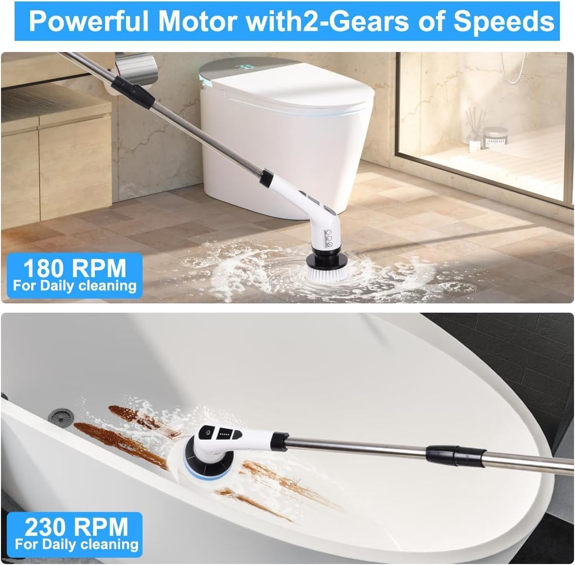 Electric Spin Scrubber,Cordless Spin Scrubber for Cleaning with 8 Replaceable Brush Heads,Shower Scrubber with Adjustable Detachable Handle for Bathroom,Kitchen