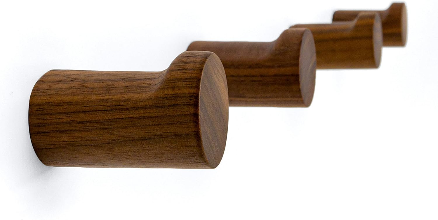 NAUMOO Natural Wooden Wall Hooks - Pack of 4 - Wall Mounted Modern Wood Coat Rack - Handmade Minimalist Home Decor Wooden Pegs for Hanging Hat, Towel, or Purse (Black Walnut)