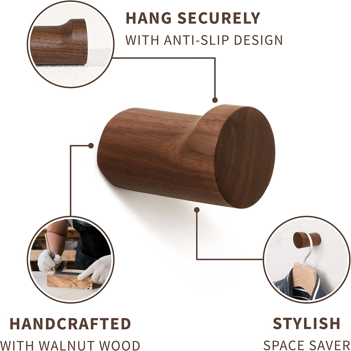 NAUMOO Natural Wooden Wall Hooks - Pack of 4 - Wall Mounted Modern Wood Coat Rack - Handmade Minimalist Home Decor Wooden Pegs for Hanging Hat, Towel, or Purse (Black Walnut)