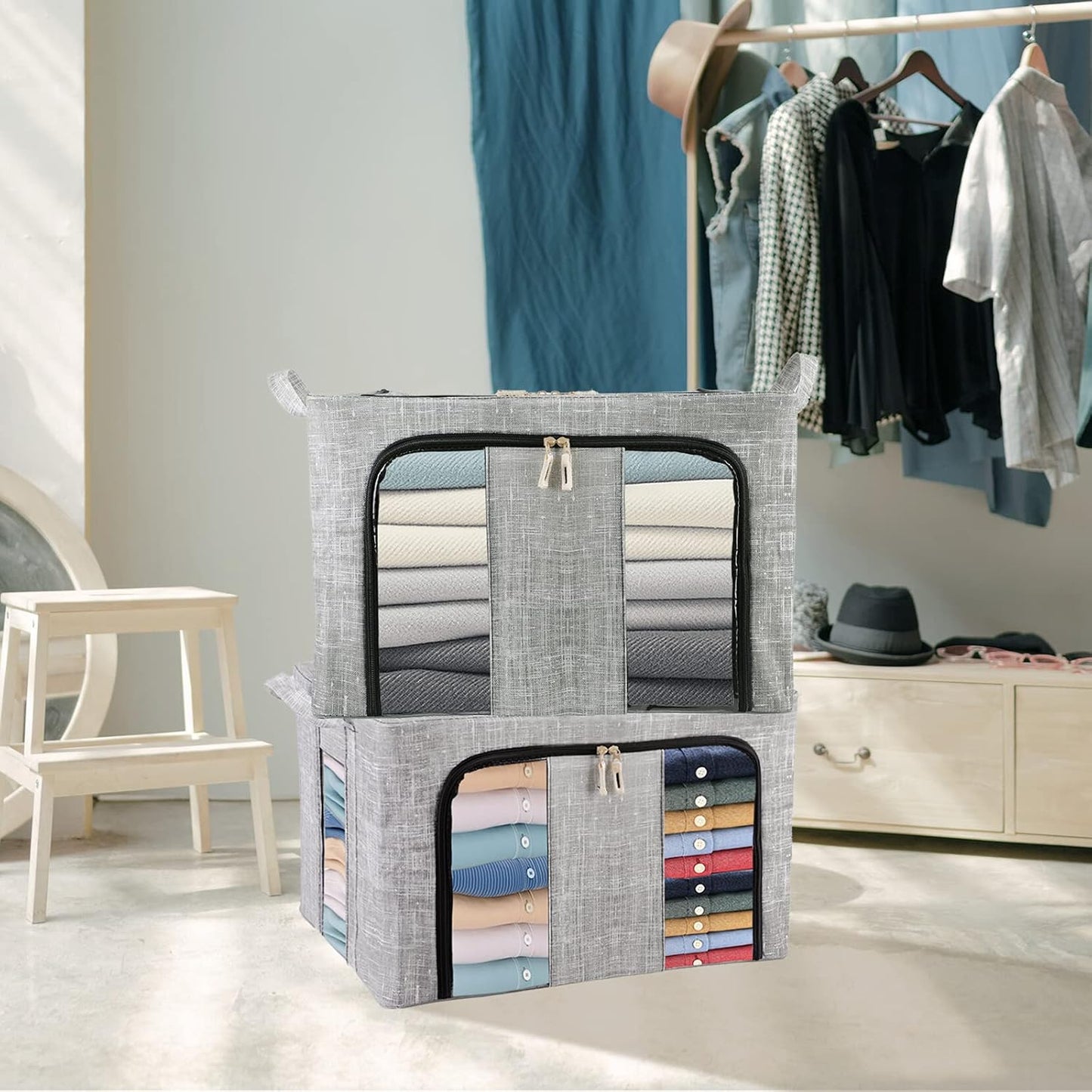 collapsible storage bins with lidFabric Storage Box,Foldable Organiser Cubes, Large Storage Bins Boxes, 2PC 66L Blue Stackable Foldable Storage Basket with 6 Steel Frame, Container Organizer Box with