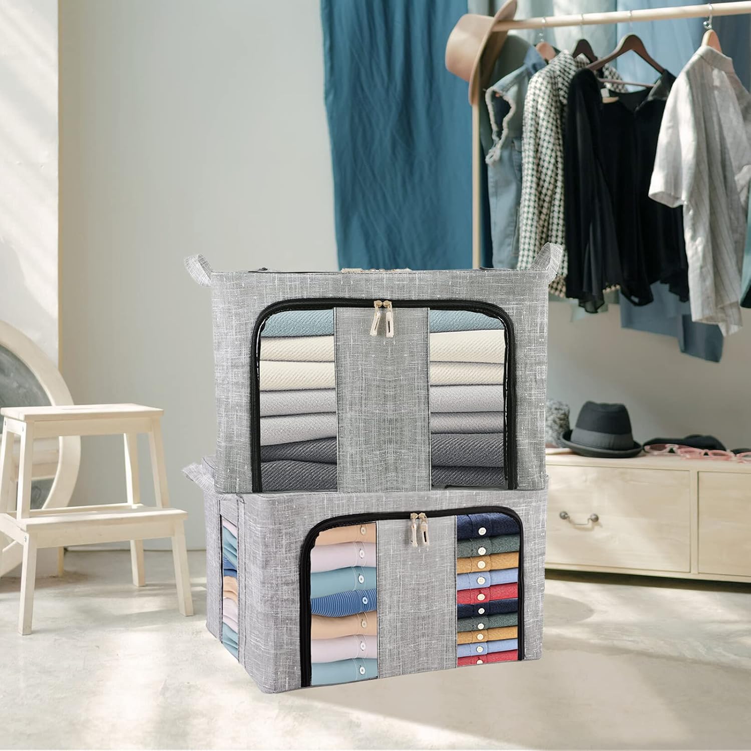 collapsible storage bins with lidFabric Storage Box,Foldable Organiser Cubes, Large Storage Bins Boxes, 2PC 66L Blue Stackable Foldable Storage Basket with 6 Steel Frame, Container Organizer Box with