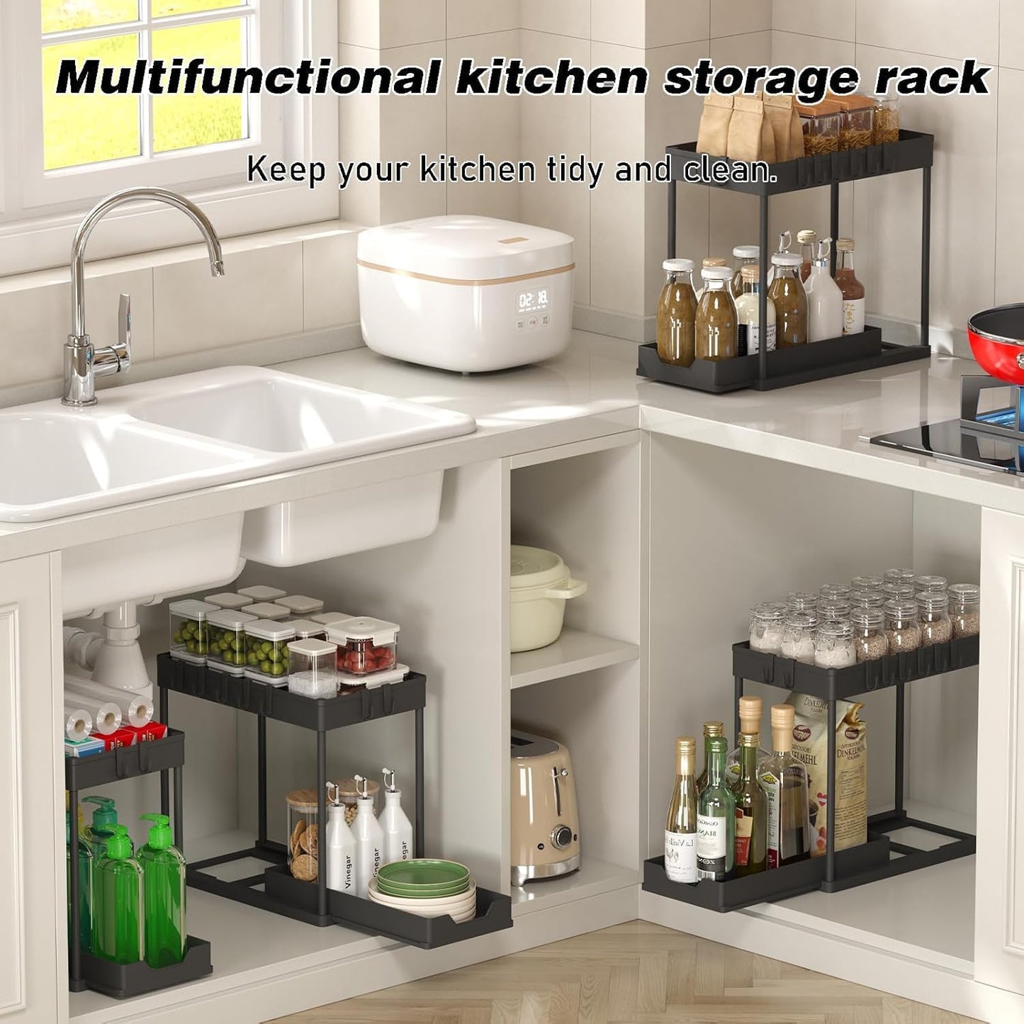 Meltrck Under Sink Storage 2 Pack, 2 Tier Pull Out Cabinet Organizers for Kitchen, Bathroom Organization