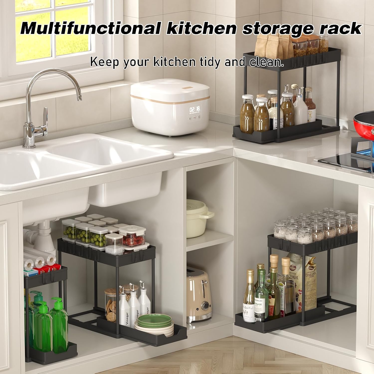Meltrck Under Sink Storage 2 Pack, 2 Tier Pull Out Cabinet Organizers for Kitchen, Bathroom Organization
