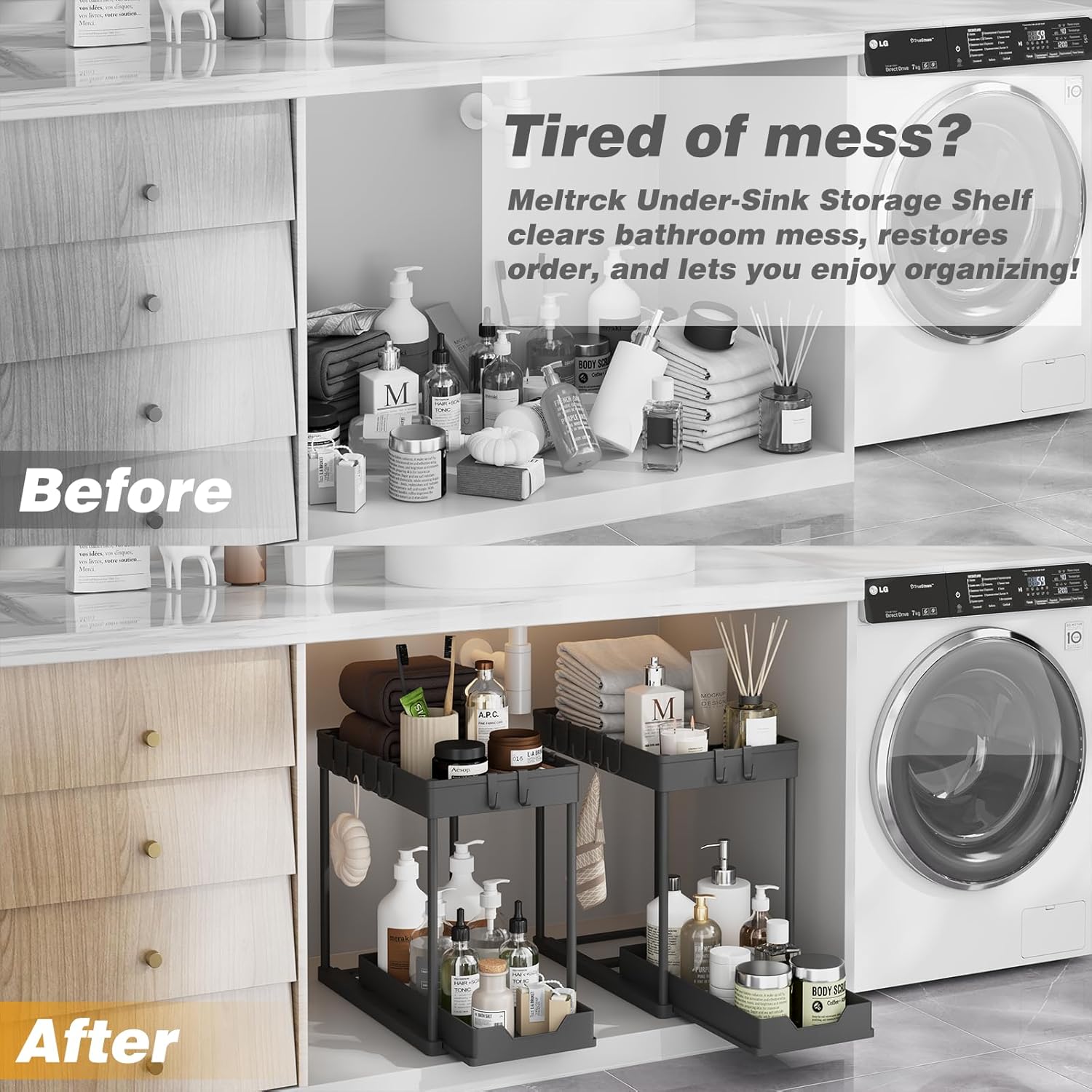 Meltrck Under Sink Storage 2 Pack, 2 Tier Pull Out Cabinet Organizers for Kitchen, Bathroom Organization