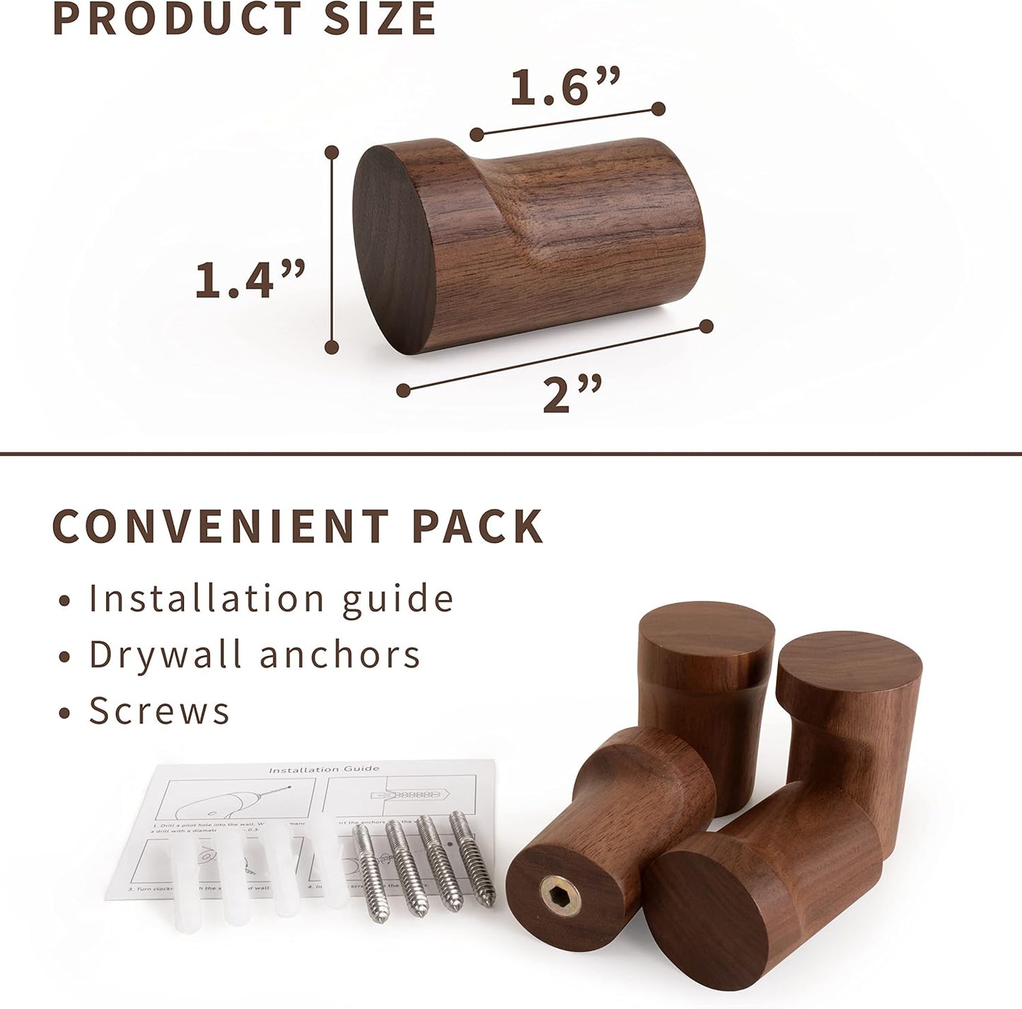 NAUMOO Natural Wooden Wall Hooks - Pack of 4 - Wall Mounted Modern Wood Coat Rack - Handmade Minimalist Home Decor Wooden Pegs for Hanging Hat, Towel, or Purse (Black Walnut)