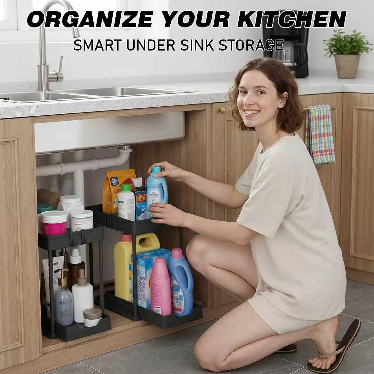Meltrck Under Sink Storage 2 Pack, 2 Tier Pull Out Cabinet Organizers for Kitchen, Bathroom Organization