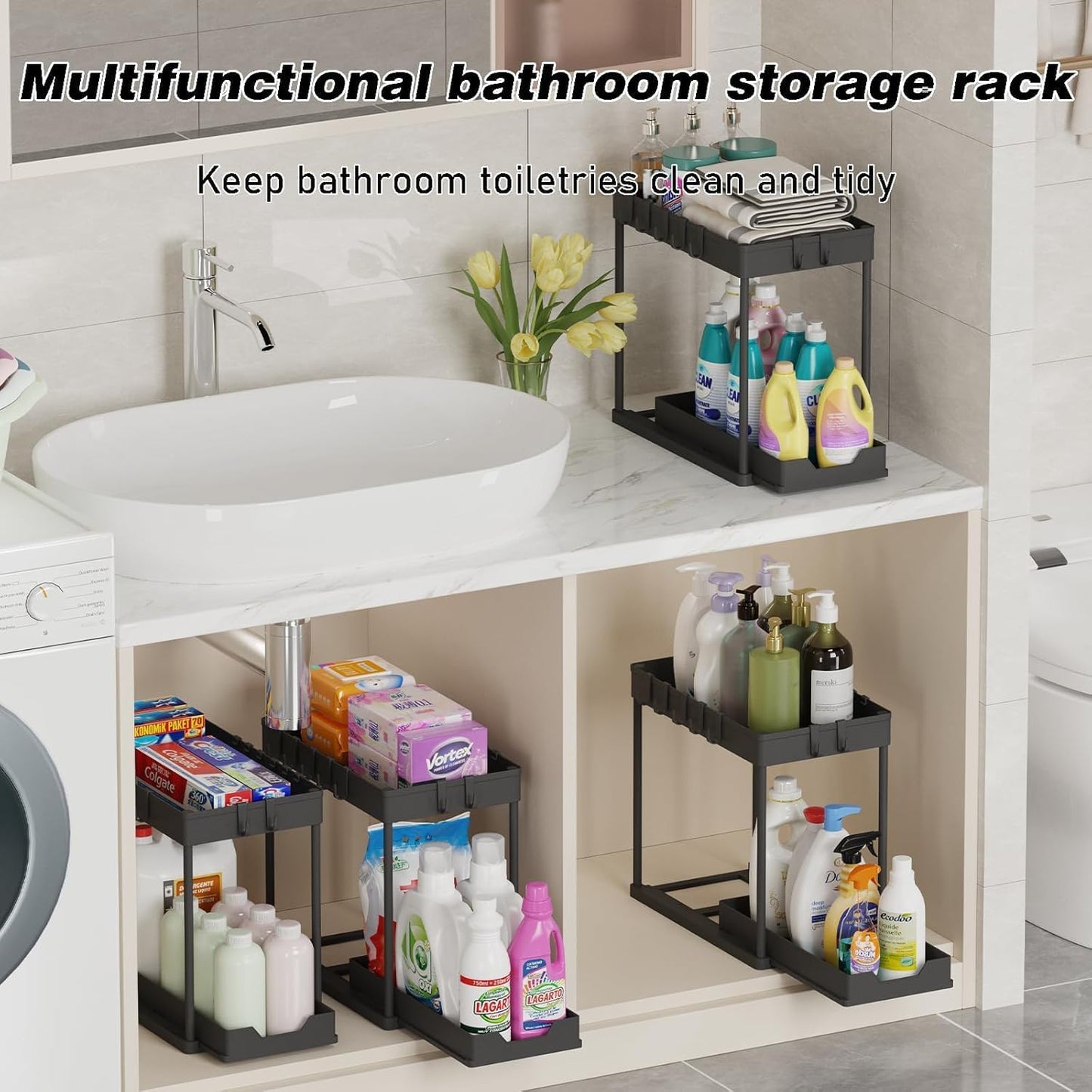 Meltrck Under Sink Storage 2 Pack, 2 Tier Pull Out Cabinet Organizers for Kitchen, Bathroom Organization