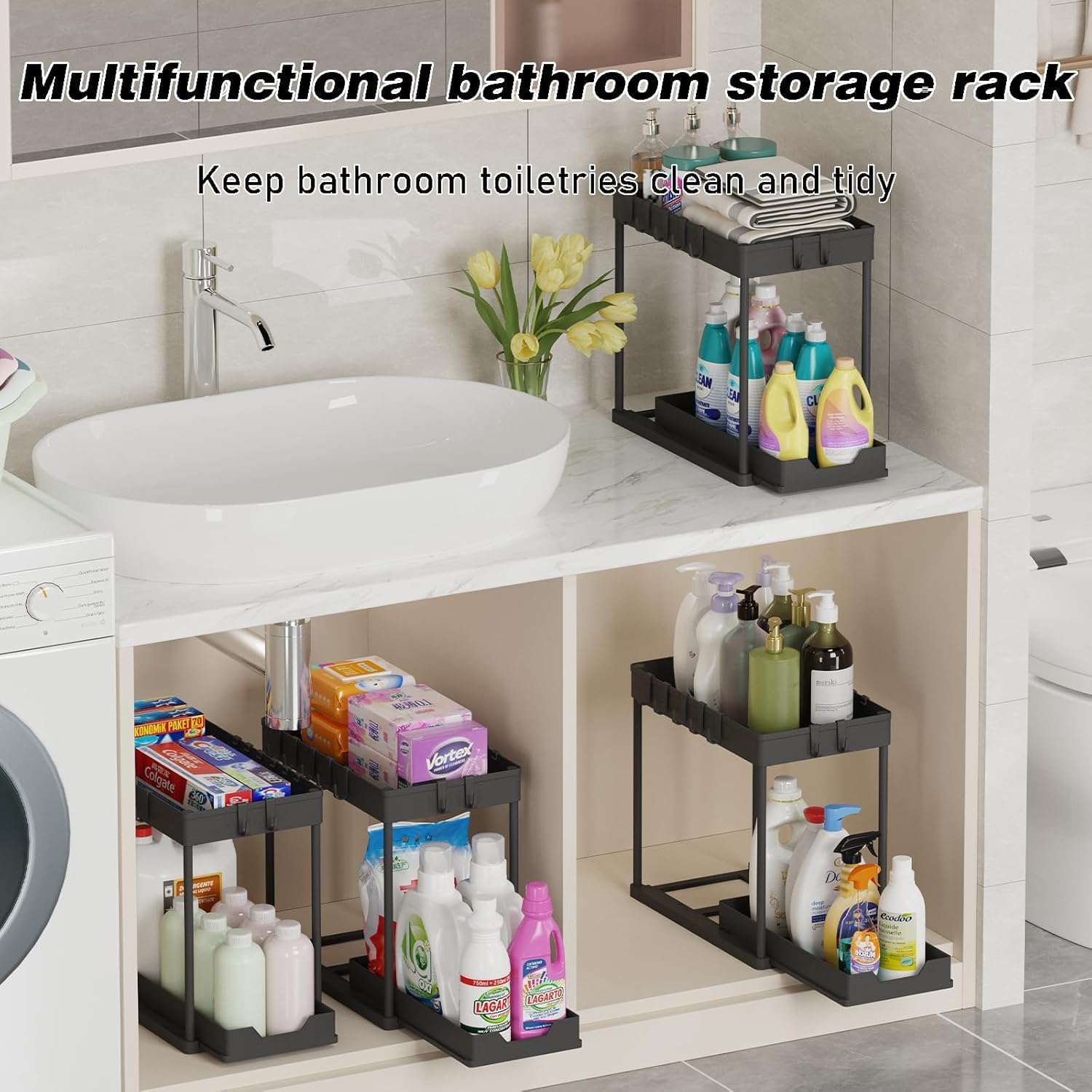 Meltrck Under Sink Storage 2 Pack, 2 Tier Pull Out Cabinet Organizers for Kitchen, Bathroom Organization