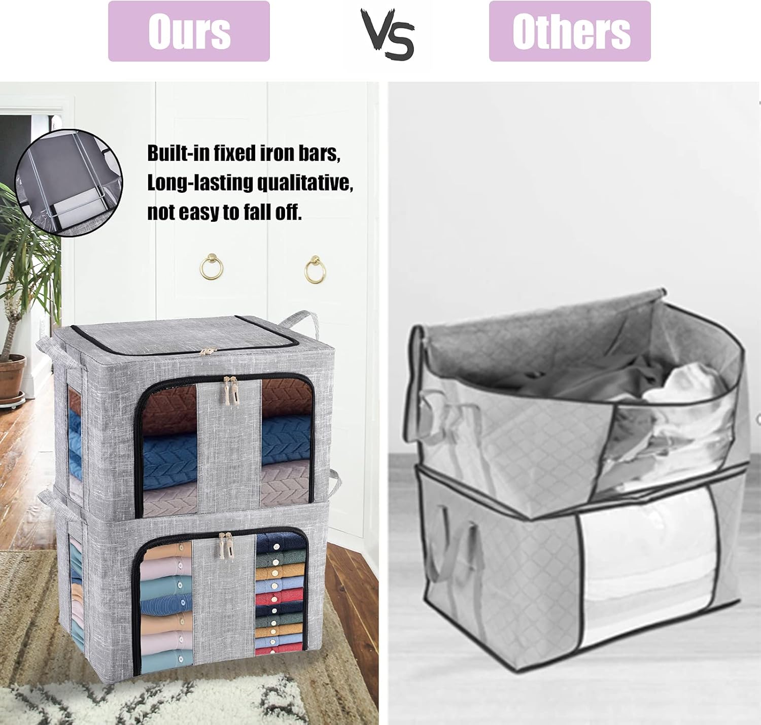 collapsible storage bins with lidFabric Storage Box,Foldable Organiser Cubes, Large Storage Bins Boxes, 2PC 66L Blue Stackable Foldable Storage Basket with 6 Steel Frame, Container Organizer Box with