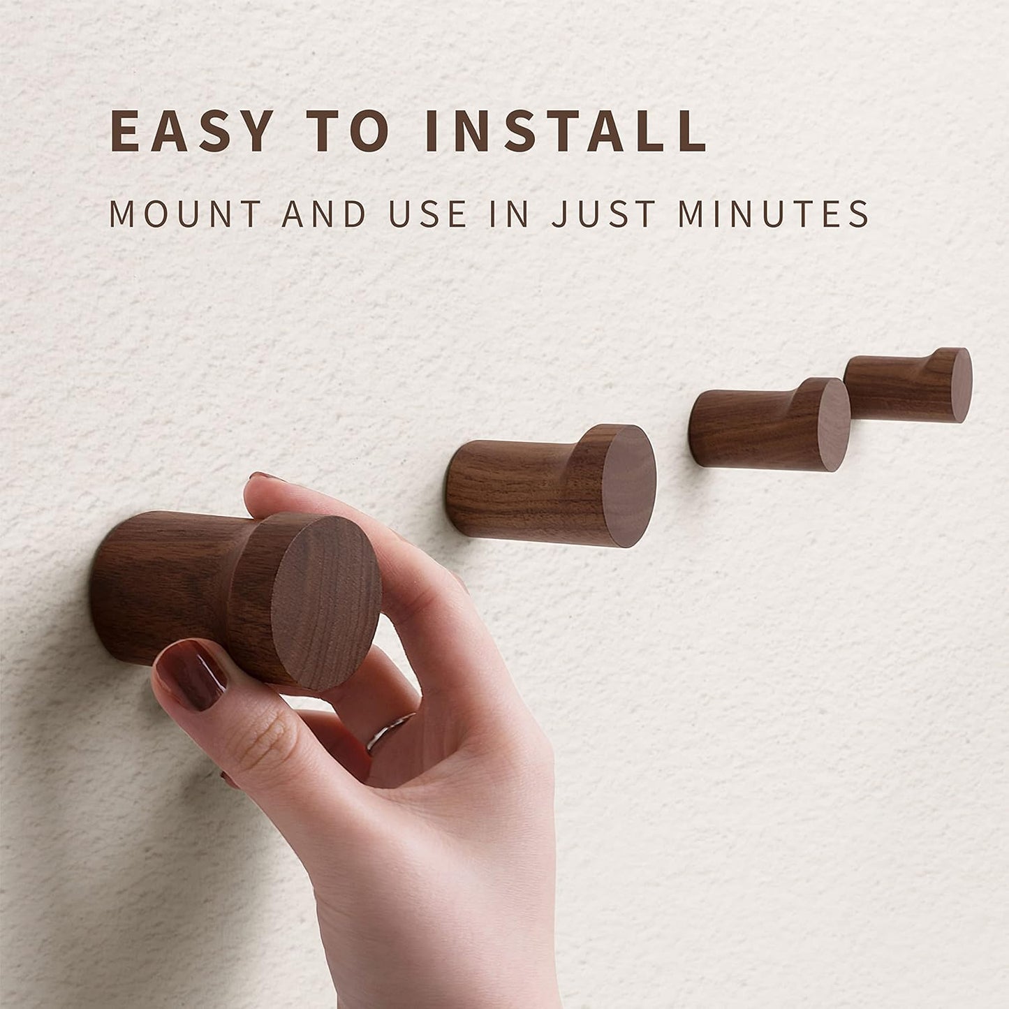 NAUMOO Natural Wooden Wall Hooks - Pack of 4 - Wall Mounted Modern Wood Coat Rack - Handmade Minimalist Home Decor Wooden Pegs for Hanging Hat, Towel, or Purse (Black Walnut)