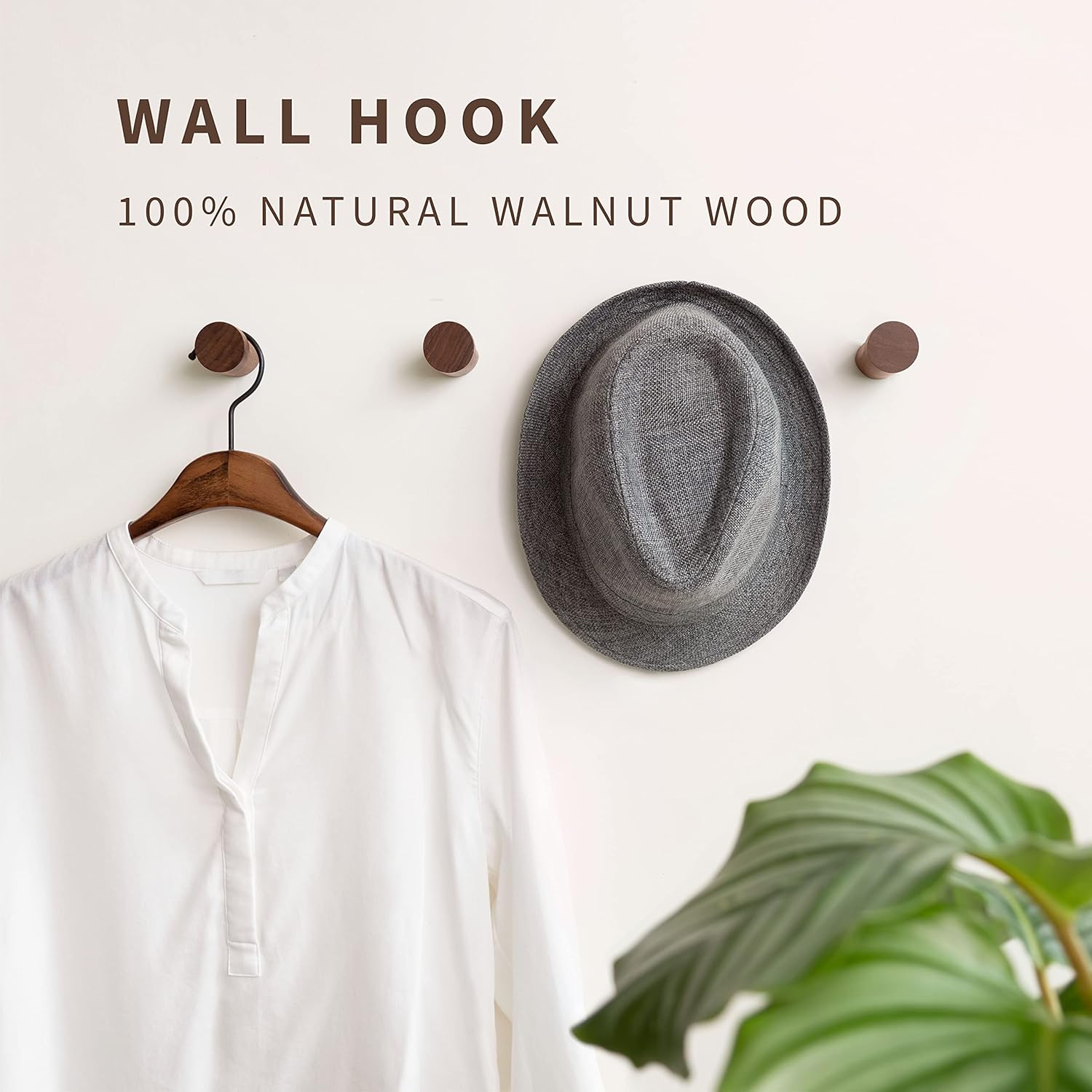 NAUMOO Natural Wooden Wall Hooks - Pack of 4 - Wall Mounted Modern Wood Coat Rack - Handmade Minimalist Home Decor Wooden Pegs for Hanging Hat, Towel, or Purse (Black Walnut)
