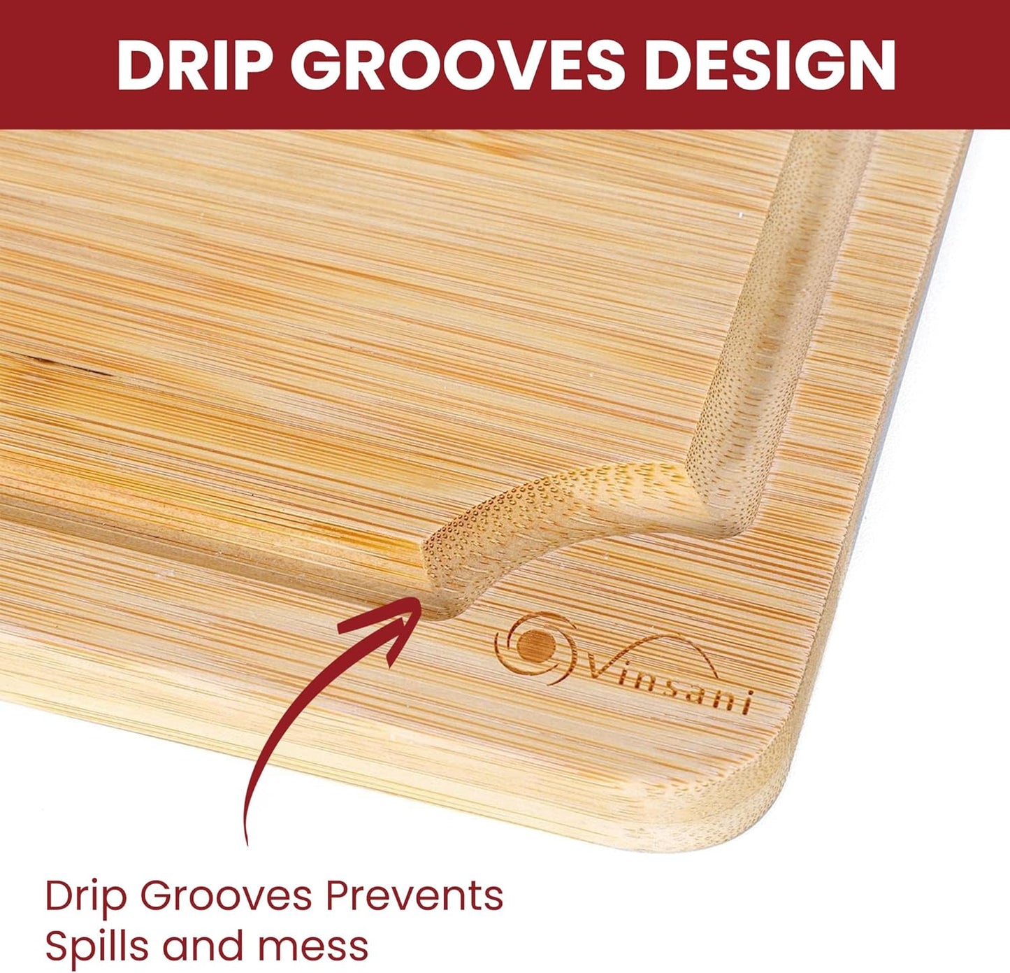 Vinsani Bamboo Chopping Board Set of 3 Wooden Kitchen Cutting Board Serving Platter 100% Natural Organic Bamboo Eco-Friendly Hypoallergenic Various Sizes Perfect for Cutting Meat Cheese & Fruit