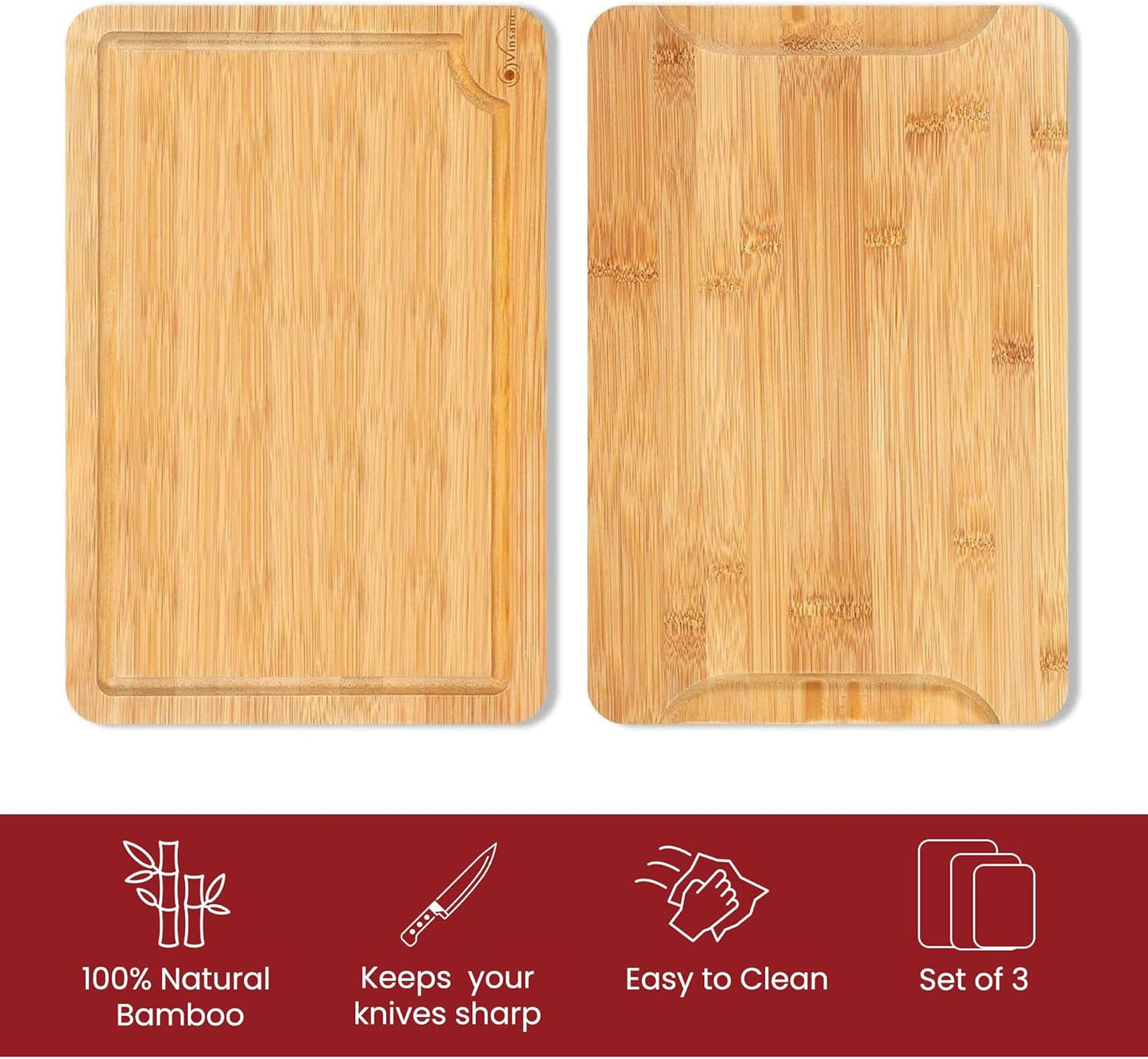 Vinsani Bamboo Chopping Board Set of 3 Wooden Kitchen Cutting Board Serving Platter 100% Natural Organic Bamboo Eco-Friendly Hypoallergenic Various Sizes Perfect for Cutting Meat Cheese & Fruit