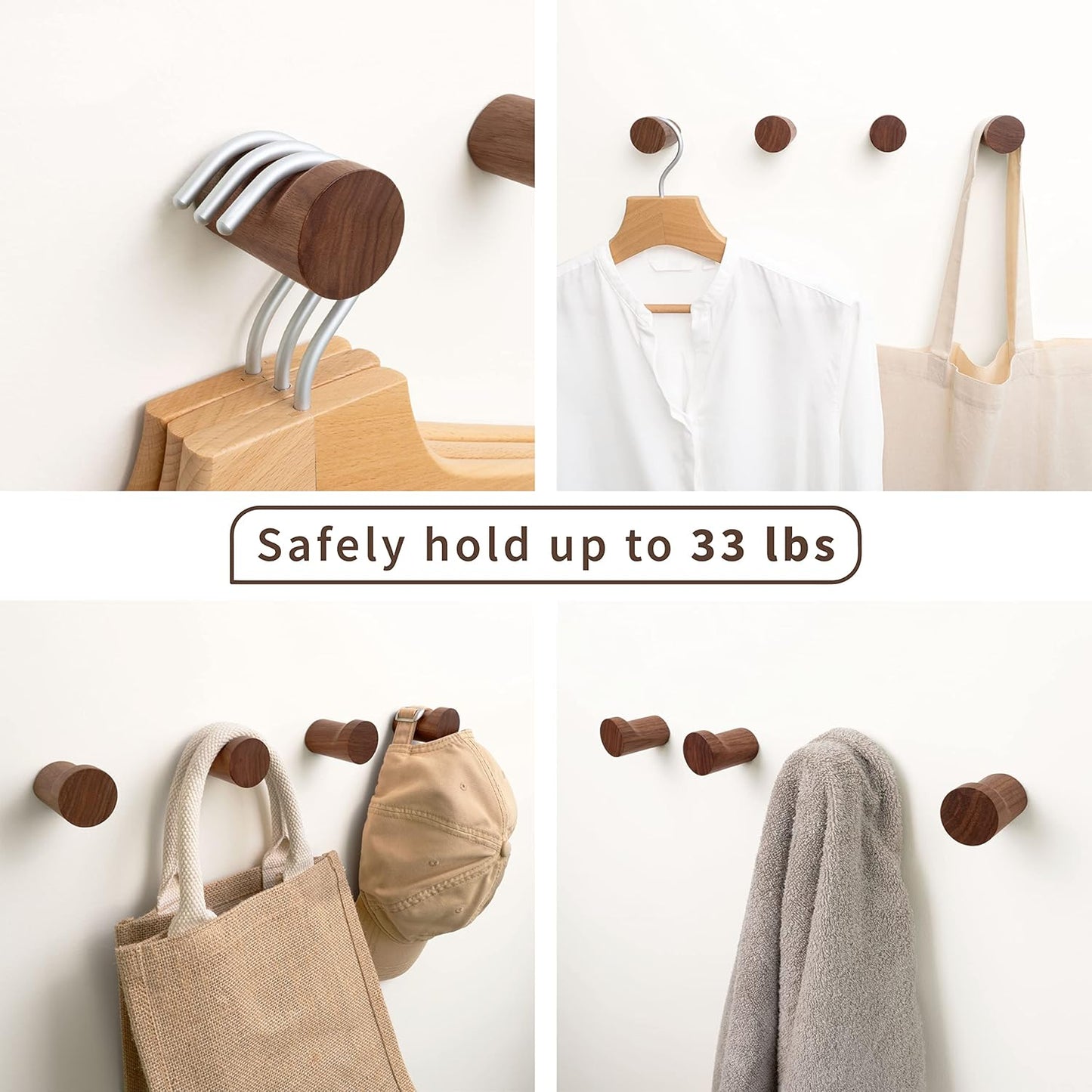 NAUMOO Natural Wooden Wall Hooks - Pack of 4 - Wall Mounted Modern Wood Coat Rack - Handmade Minimalist Home Decor Wooden Pegs for Hanging Hat, Towel, or Purse (Black Walnut)