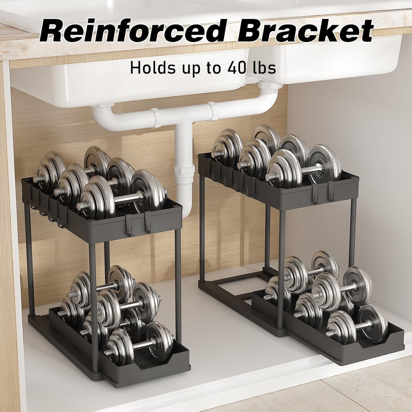 Meltrck Under Sink Storage 2 Pack, 2 Tier Pull Out Cabinet Organizers for Kitchen, Bathroom Organization