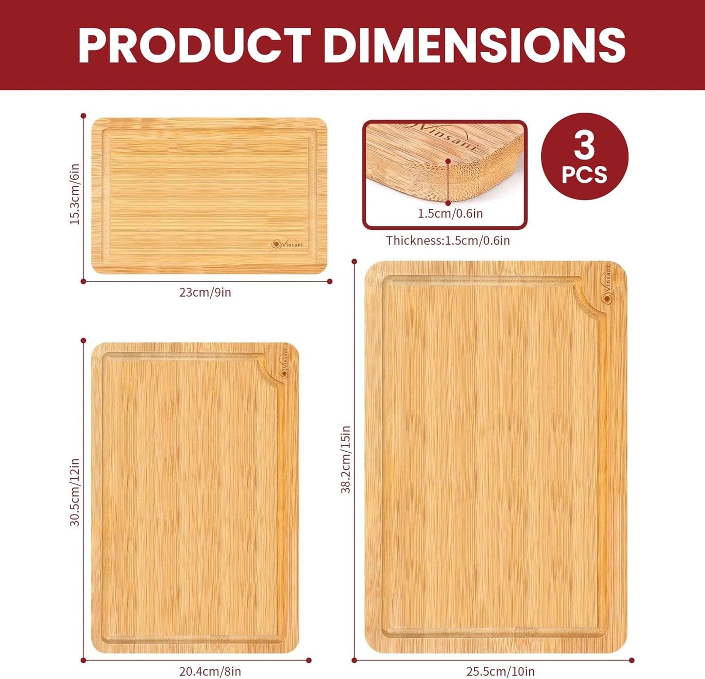 Vinsani Bamboo Chopping Board Set of 3 Wooden Kitchen Cutting Board Serving Platter 100% Natural Organic Bamboo Eco-Friendly Hypoallergenic Various Sizes Perfect for Cutting Meat Cheese & Fruit