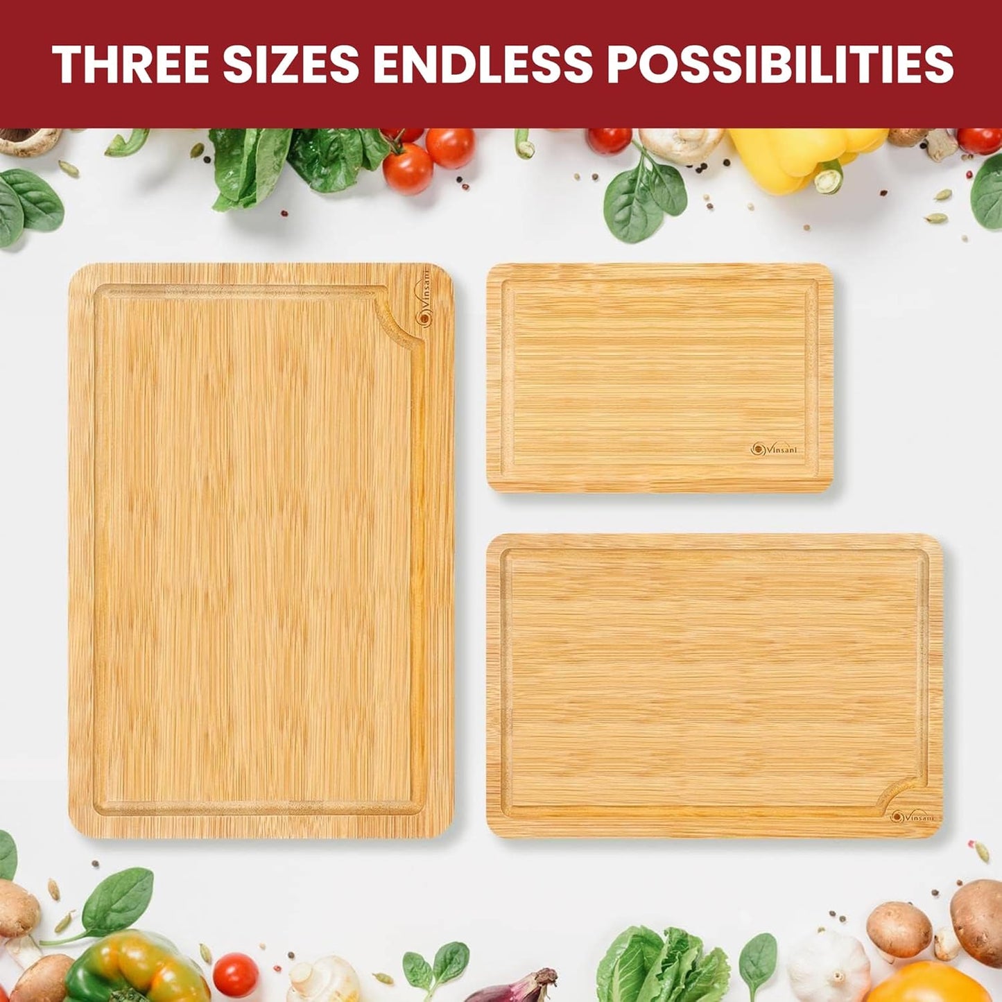 Vinsani Bamboo Chopping Board Set of 3 Wooden Kitchen Cutting Board Serving Platter 100% Natural Organic Bamboo Eco-Friendly Hypoallergenic Various Sizes Perfect for Cutting Meat Cheese & Fruit